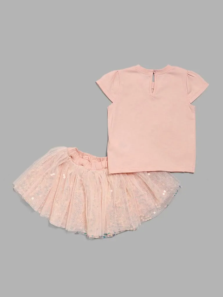 HOP Baby Peach Butterfly Printed T-Shirt & Mesh Skirt Set