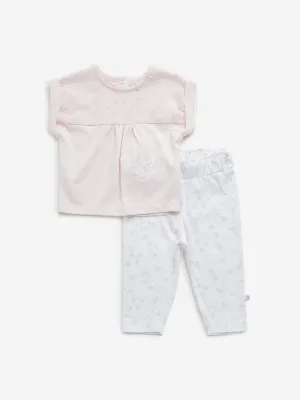 HOP Baby Pink Schiffli Design Cotton Top and Pants Set