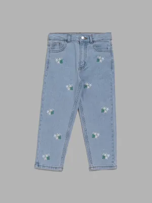 HOP Kids Light Blue Floral Embroidered Denim Jeans