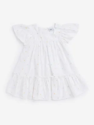 HOP Kids Off-White Embroidered Spotted Dress