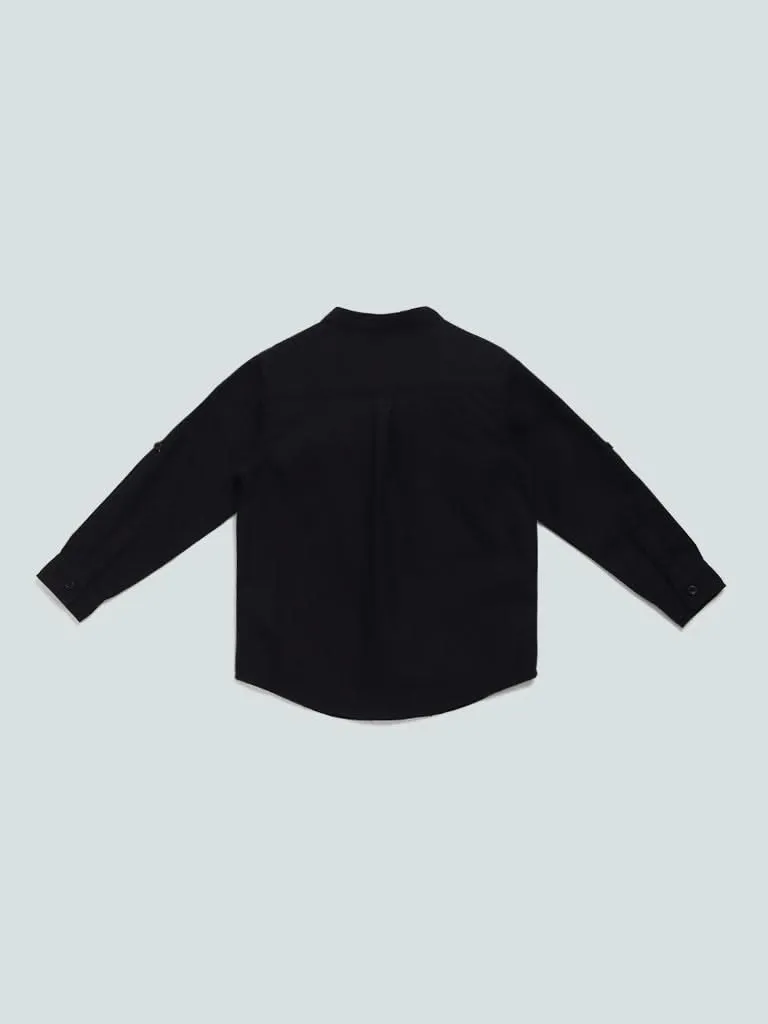 HOP Kids Plain Black Band Collar Shirt