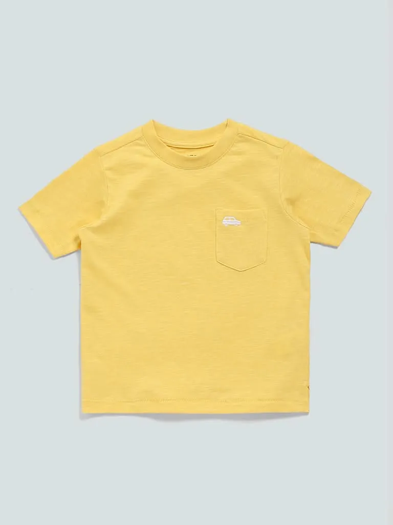 HOP Kids Solid Yellow Car Embroidered T-Shirt