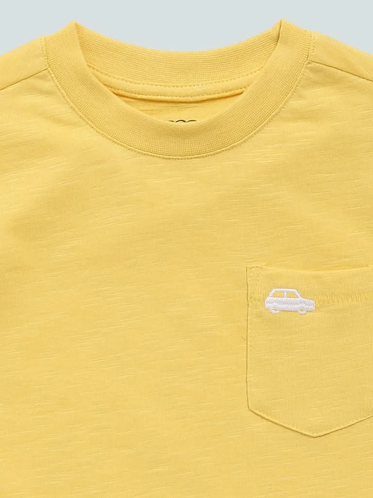 HOP Kids Solid Yellow Car Embroidered T-Shirt