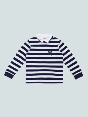 HOP Kids Striped Navy Blue Printed T-Shirt