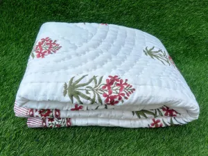 HOPEE SHOP Cotton Jaipuri Hand Block Floral Print Quilt Light Weight Pure Cotton Multi Color Singe Bed Soft AC Quilt/Rajai- RED/Green (Size 60X90 inch)