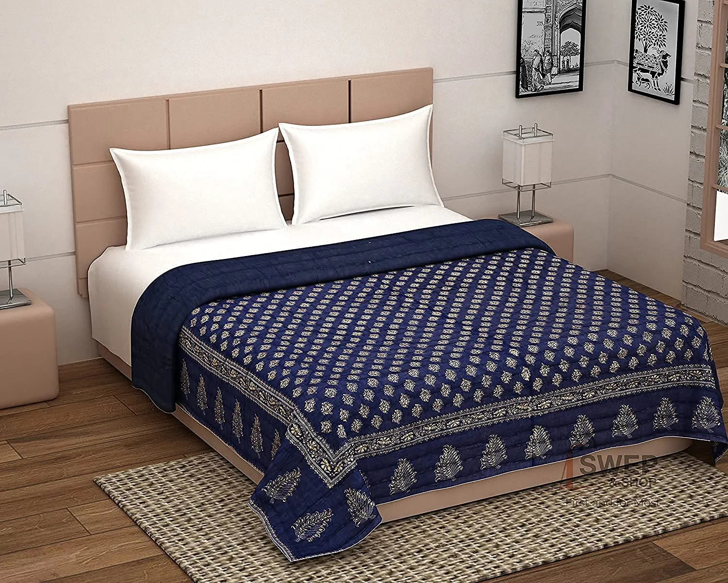 Hopee Shop- Rajasthani Traditional Lightweight Pure Cotton Jaipuri Razai Single Bed Soft Floral Print Jaipuri Cotton Rajai/AC Quilts - Blue (55X85 INCHES)