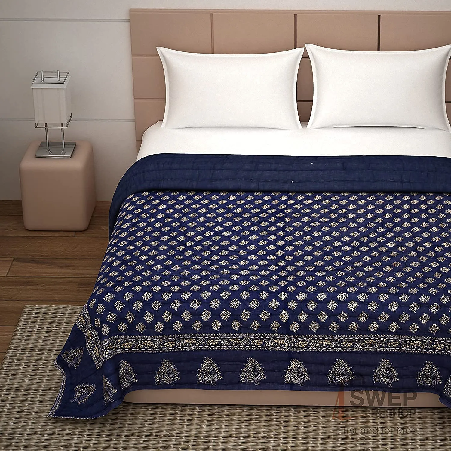 Hopee Shop- Rajasthani Traditional Lightweight Pure Cotton Jaipuri Razai Single Bed Soft Floral Print Jaipuri Cotton Rajai/AC Quilts - Blue (55X85 INCHES)