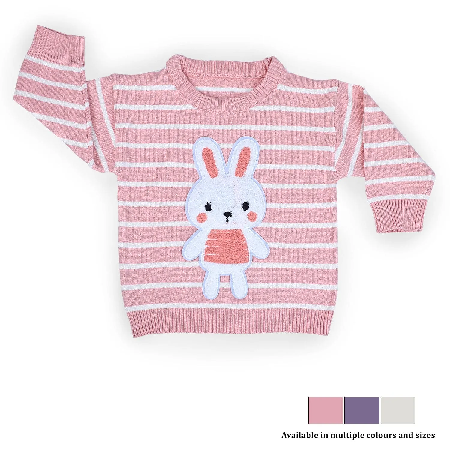 Hopping Rabbit Striped Premium Full Sleeves Knitted Sweater - Pink