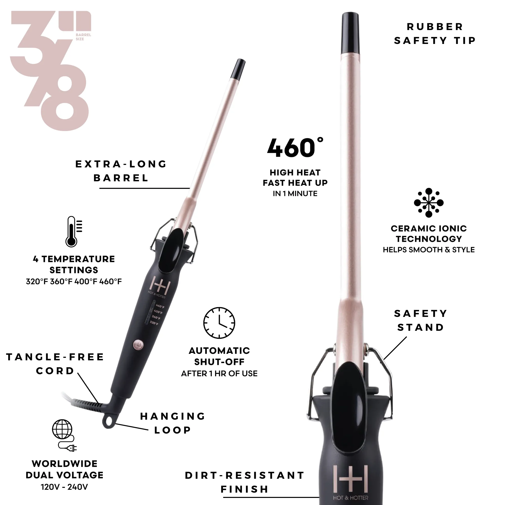 Hot & Hotter Extra Long Ceramic Tourmaline Curling Iron 3/8 Inch Black