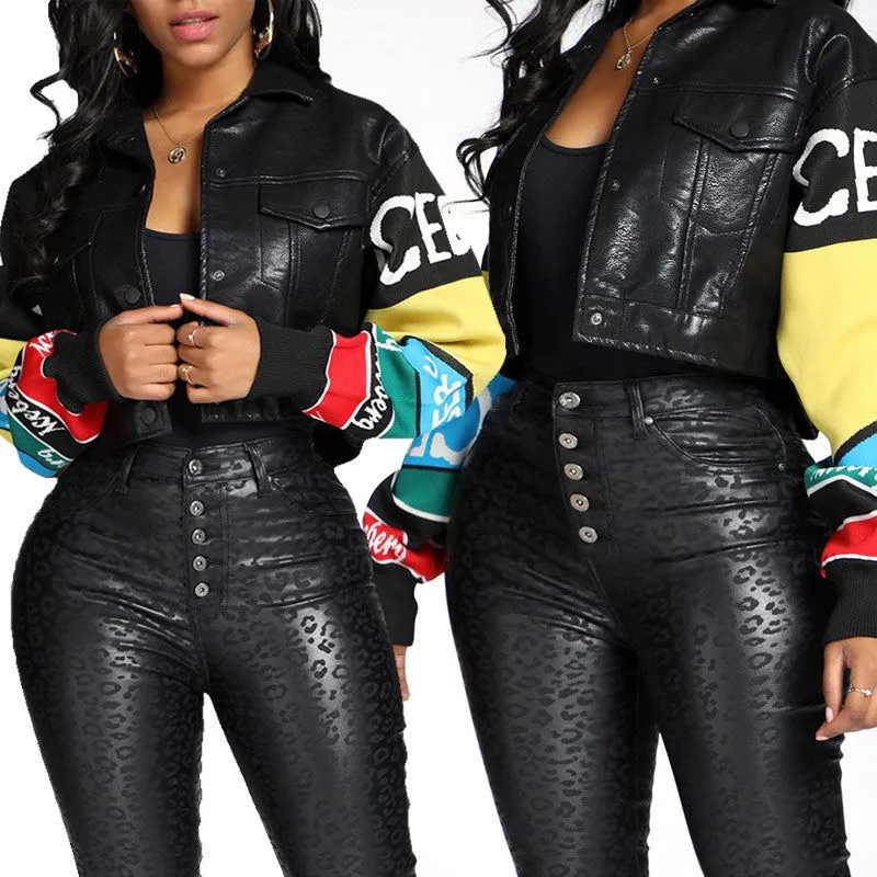 Hot Designer Contrast Color Letter Print PU Leather Racing Bikers Jackets