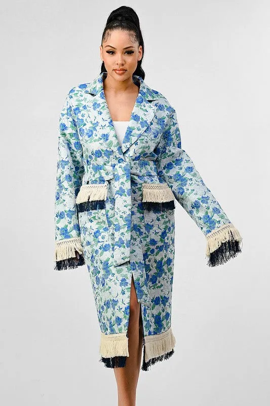 Hot Girl Athina Garden Floral Tasseled Trench Coat In Blue