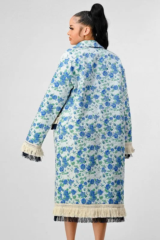 Hot Girl Athina Garden Floral Tasseled Trench Coat In Blue