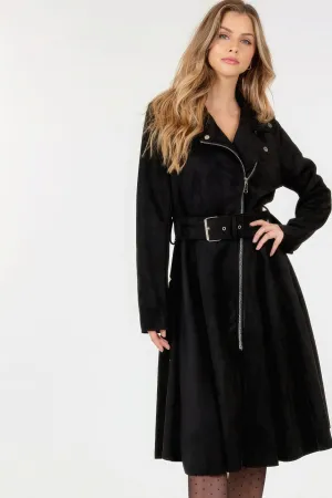 Hot Girl Belted Touch Of Suede Pea Coat In Black