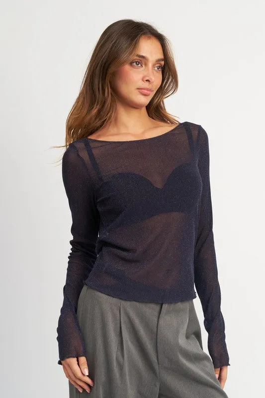 Hot Girl Boatneck Glitter Mesh Open Back Long Sleeve Top