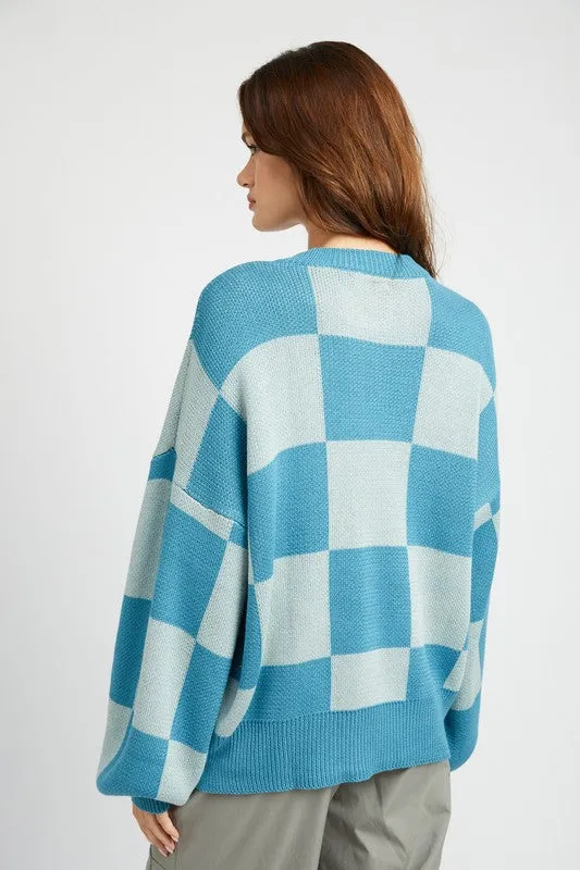 Hot Girl Bubble Sleeve Checkered Sweater In Blue