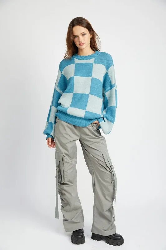 Hot Girl Bubble Sleeve Checkered Sweater In Blue