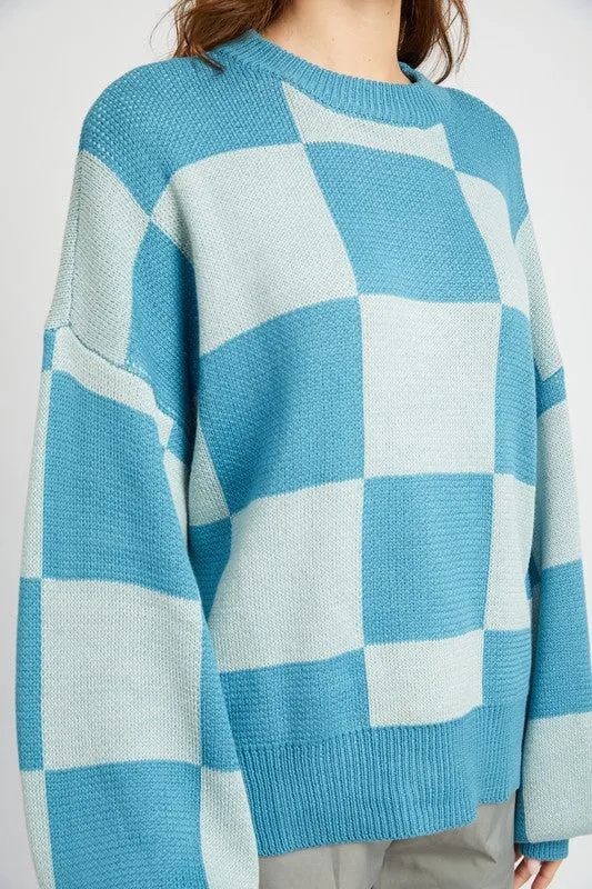 Hot Girl Bubble Sleeve Checkered Sweater In Blue