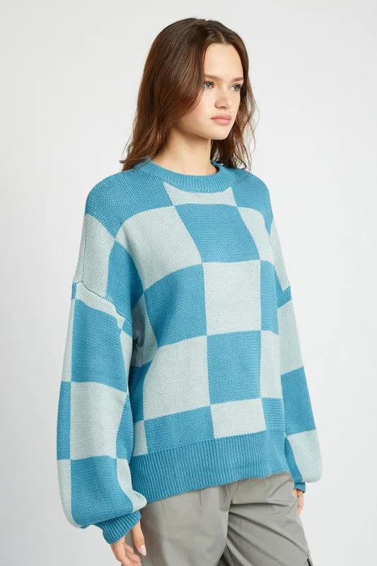 Hot Girl Bubble Sleeve Checkered Sweater In Blue