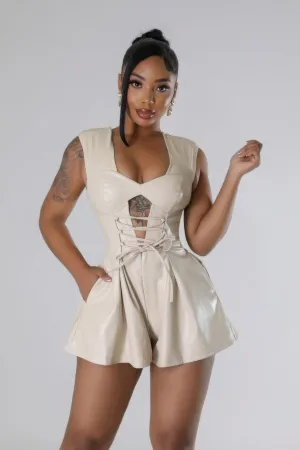 Hot Girl Corset Waist Faux Leather Stretch Romper In Nude