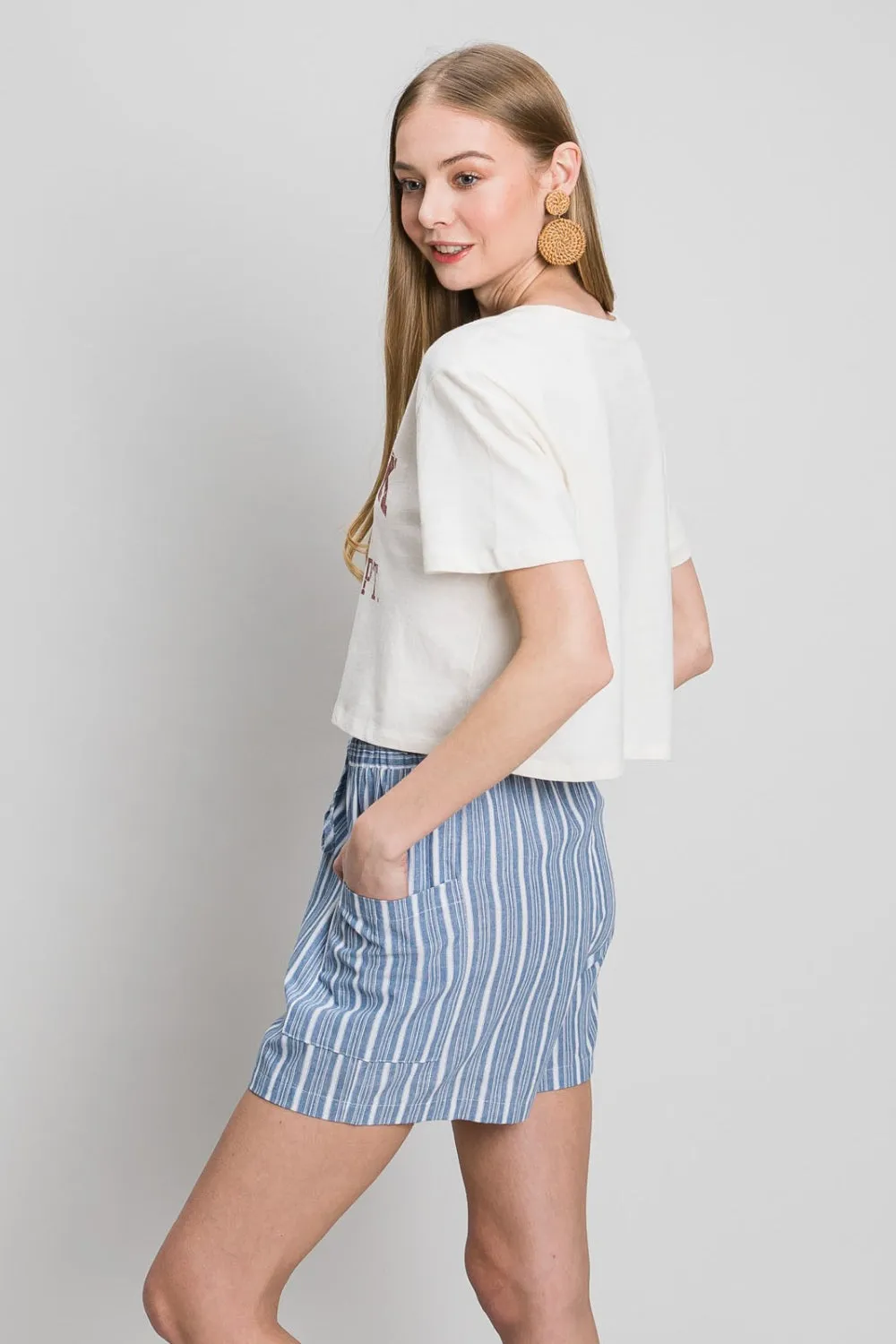 Hot Girl Cotton Bleu Yarn Dyed Striped Shorts In Blue