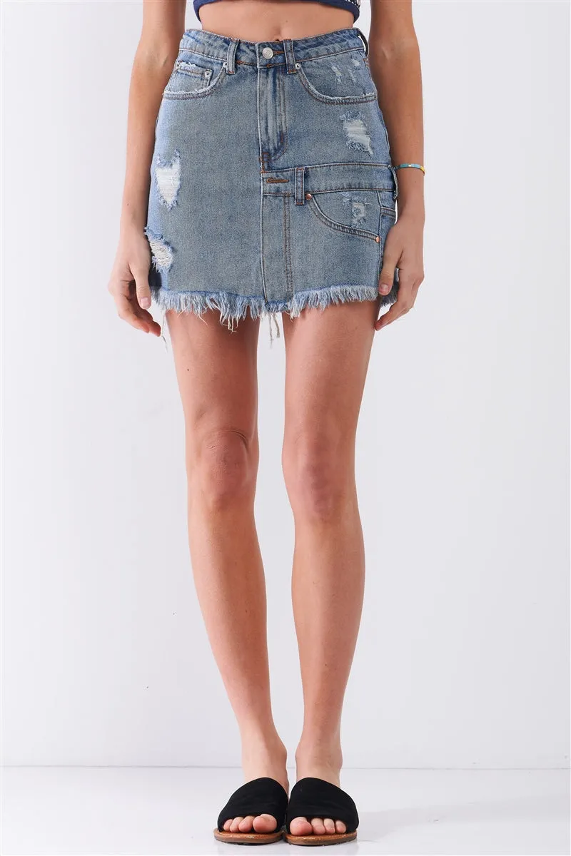 Hot Girl Distressed Effect Raw Hem Utility Denim Mini Skirt