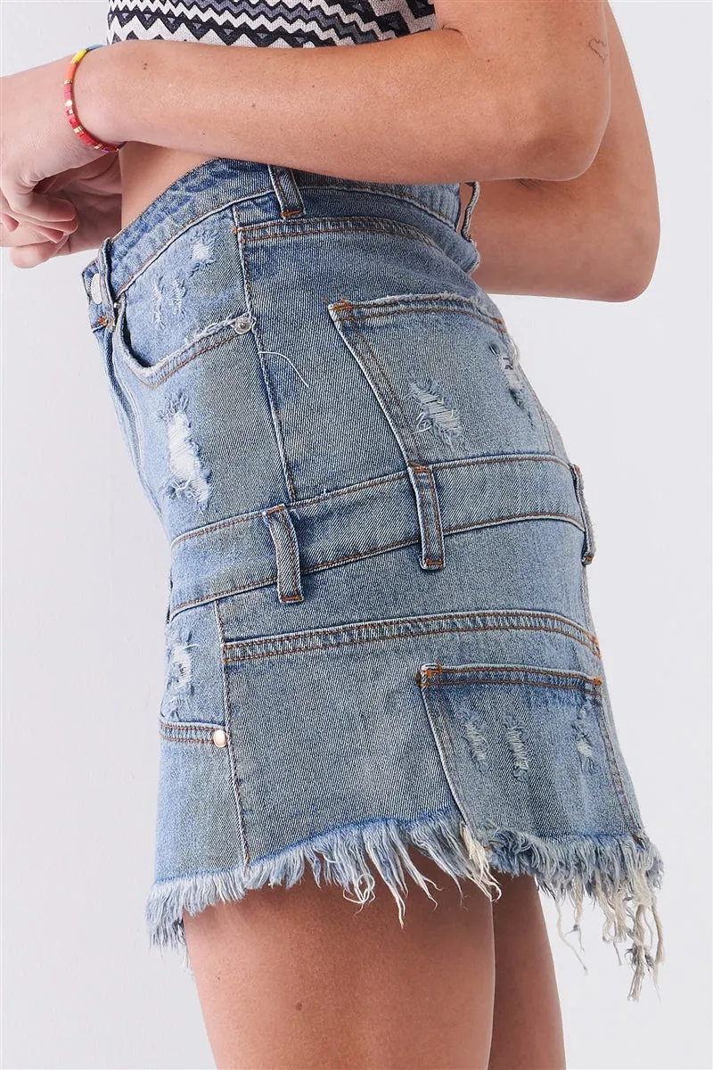 Hot Girl Distressed Effect Raw Hem Utility Denim Mini Skirt