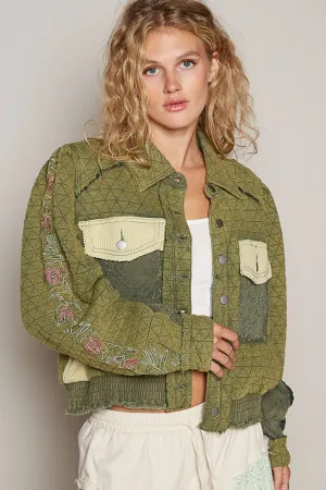 Hot Girl Embroidered Sleeve Raw Edge Quilted Jacket In Olive