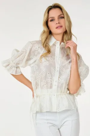 Hot Girl Eyelet Collared Neck Embroidered In Ivory Short Sleeve Top