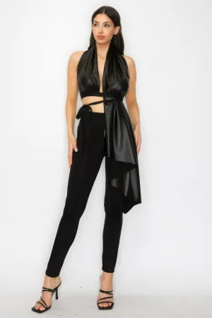 Hot Girl Farra Faux Leather Top and Pants Two Piece Set In Black