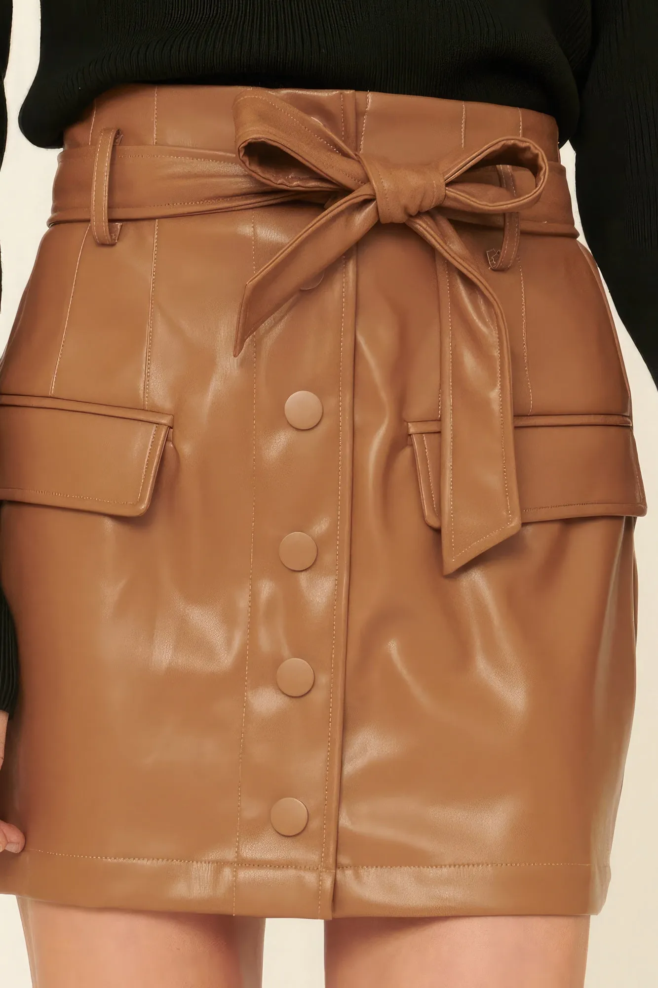 Hot Girl Faux Leather Mini Skirt In Camel