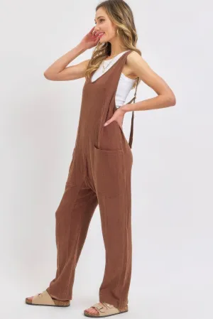 Hot Girl Forever Summer Mineral Washed Soft Cotton Jumpsuit In Brown