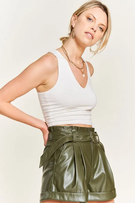 Hot Girl High Waisted Belted Faux Leather Shorts