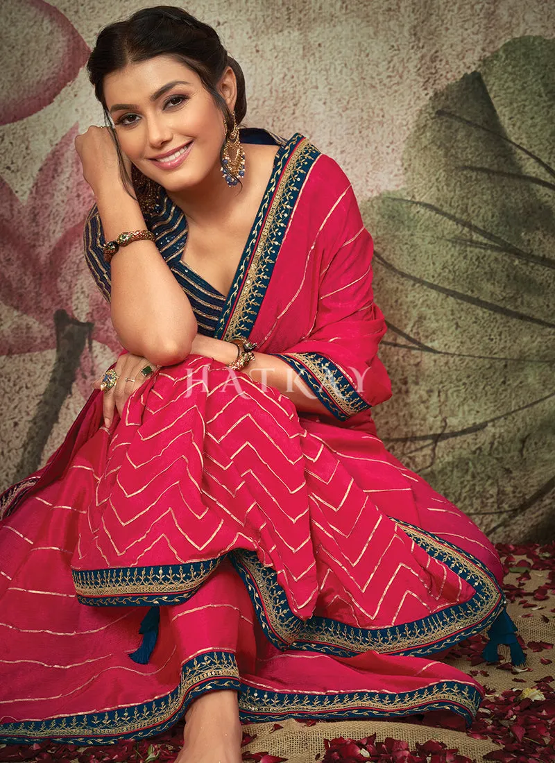 Traditional Chiffon Saree with Hot Pink and Blue Embroidery