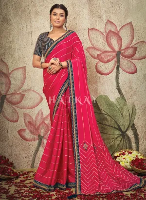 Traditional Chiffon Saree with Hot Pink and Blue Embroidery