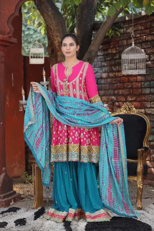 Hot Pink and Teal Formal Gharara Pant Suit