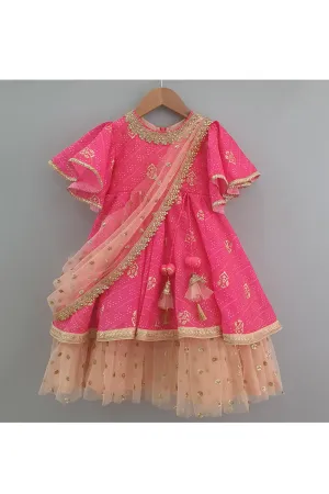 Hot pink bandhani printed layered anarkali with attached dupatta