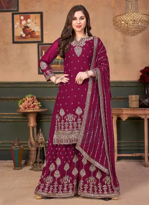 Hot Pink Embroidered Festive Wear Palazzo Suit