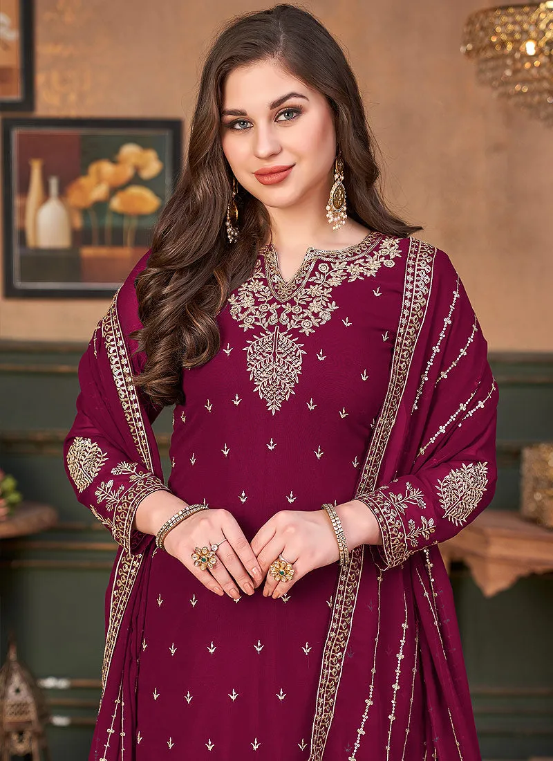 Hot Pink Embroidered Festive Wear Palazzo Suit