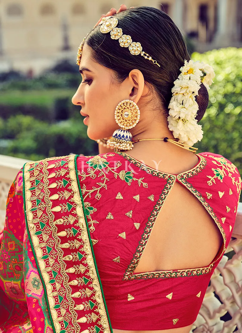 Hot Pink Embroidered Patola Silk Wedding Saree