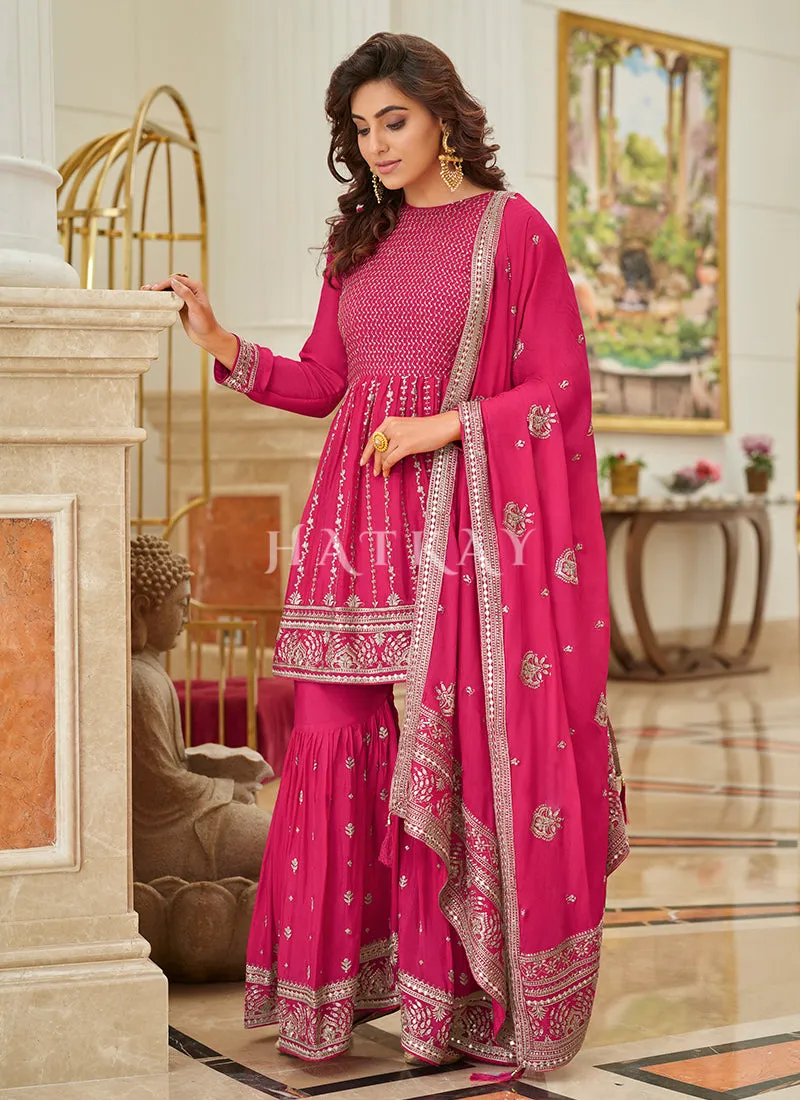 Hot Pink Embroidered Traditional Festive Gharara Suit