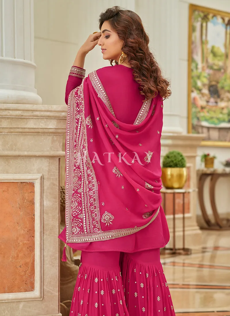 Hot Pink Embroidered Traditional Festive Gharara Suit