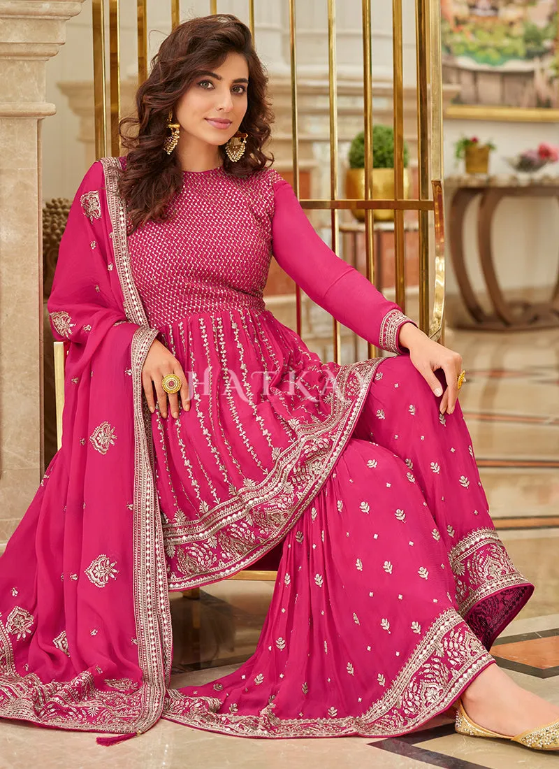 Hot Pink Embroidered Traditional Festive Gharara Suit