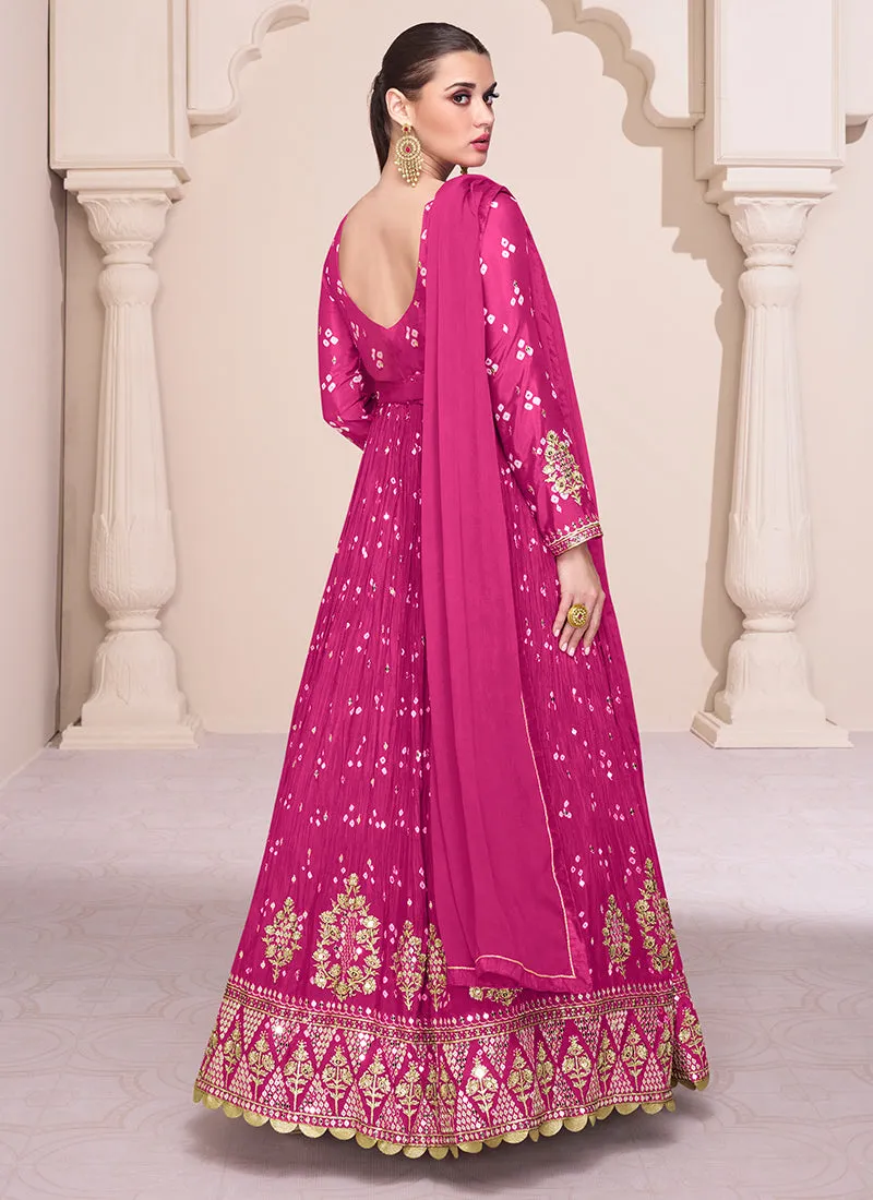 Hot Pink Embroidery Printed Wedding Anarkali Suit