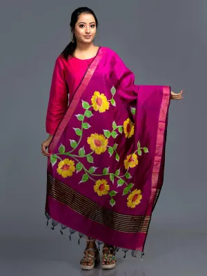 Hot Pink Hand Painted Bishnupuri Katan Silk Dupatta