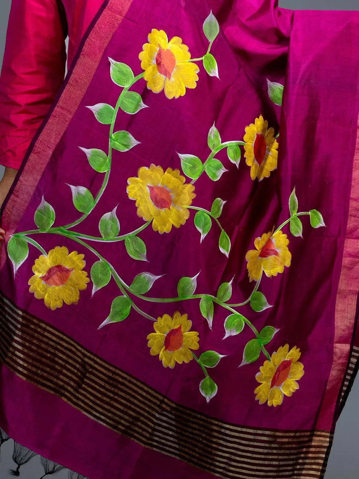 Hot Pink Hand Painted Bishnupuri Katan Silk Dupatta