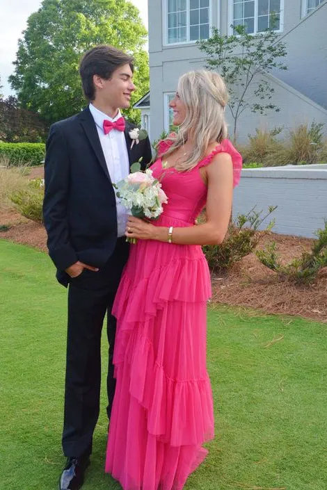 Hot Pink Long Prom Dresses A-line Tulle Tiered Formal Gown