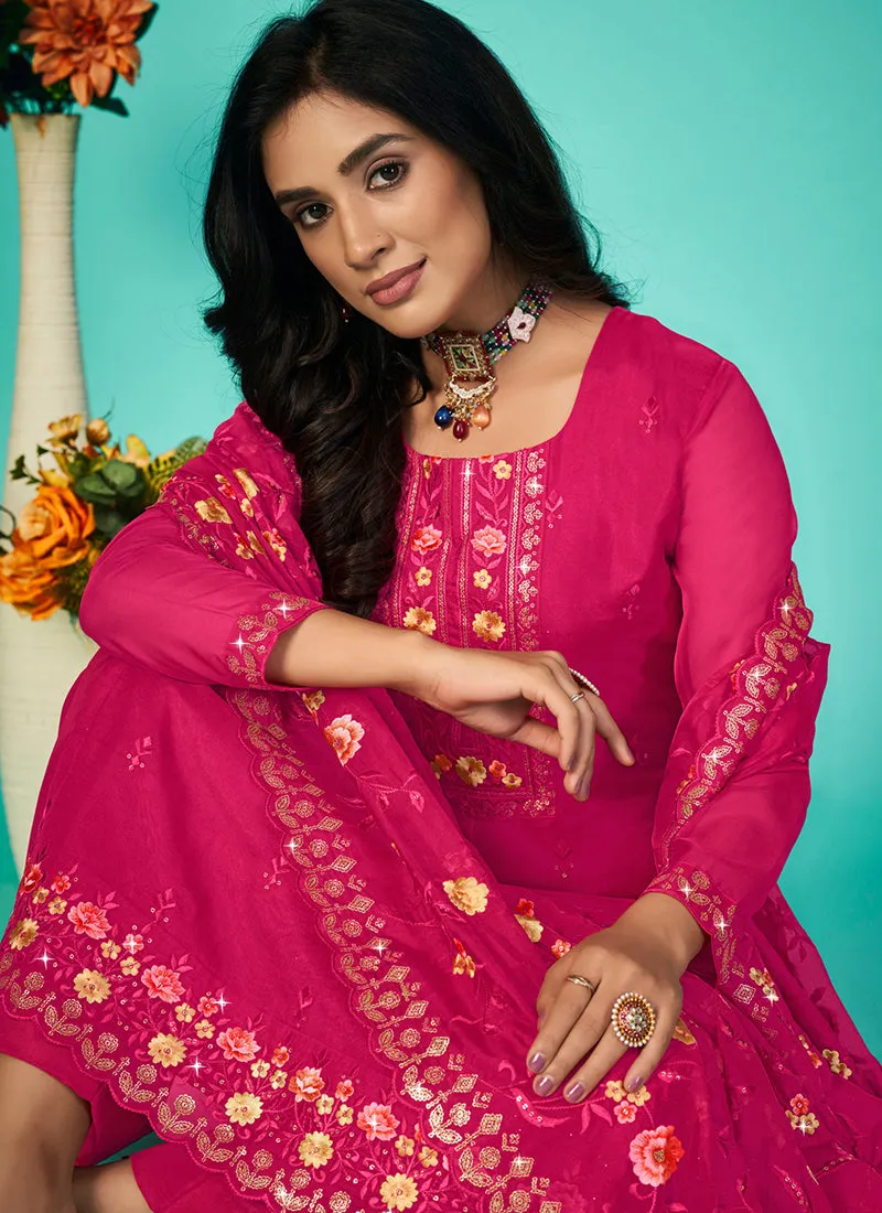 Hot Pink Multi Floral Embroidery Traditional Pant Style Suit