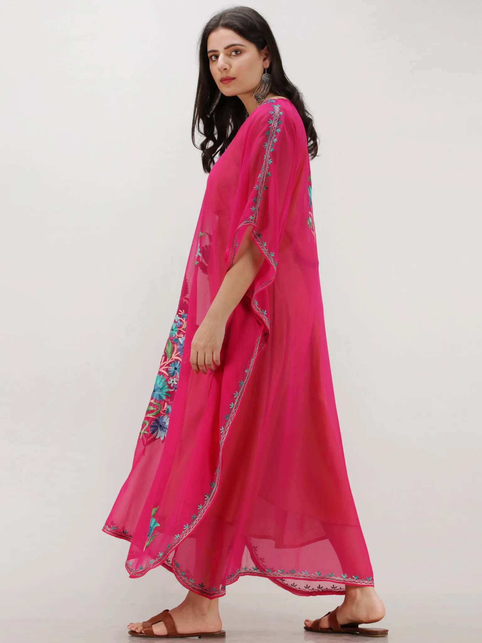 Hot Pink Multicolor Aari Embroidered Kashmere Free Size Georgette Kaftan  - K12K012