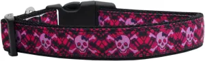 Hot Pink Plaid Skulls Nylon Dog Collar Sm