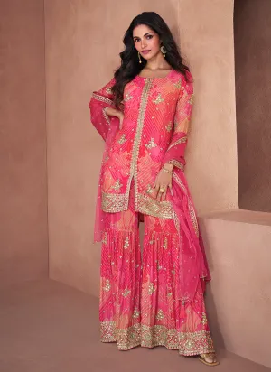 Hot Pink Sequence Embroidery Printed Gharara suit